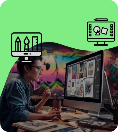 Designer at desk with colour palettes in creative section, representing graphic design work, creative visual development, and artistic design solutions by Craze For Marketing Sydney agency.