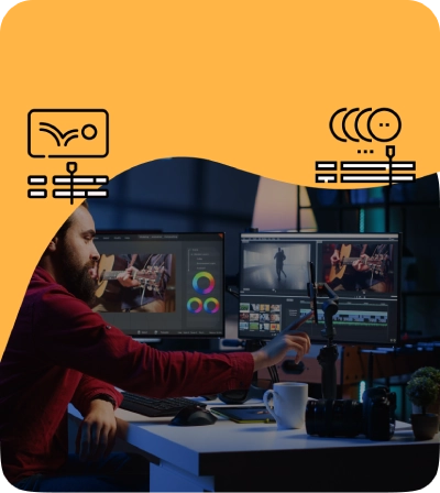 Graphic designer playing with animated shapes with colour mixer pattern in motion section, representing motion graphics creation, dynamic visual content, and multimedia animation services by Craze For Marketing Sydney agency.