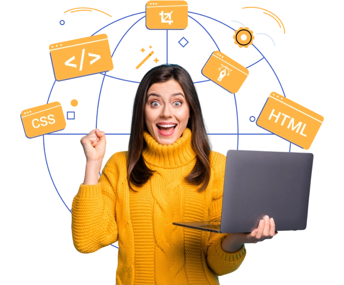 Excited woman in yellow sweater with laptop in service header, surrounded by CSS, HTML, and design tool icons, representing dynamic design and development services page, comprehensive web solutions by Craze For Marketing Sydney agency.