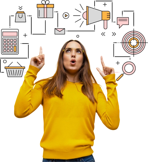 E-commerce SEO banner with woman and shopping icons in service header, representing online store optimisation, retail digital marketing, and e-commerce growth strategies by Craze For Marketing Sydney agency.