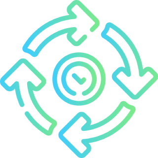Circular icon with a clock at the centre and four curved arrows rotating around it, representing consistent Name, Address, and Phone Number (NAP) management across directories to strengthen local SEO signals and build search engine trust.
