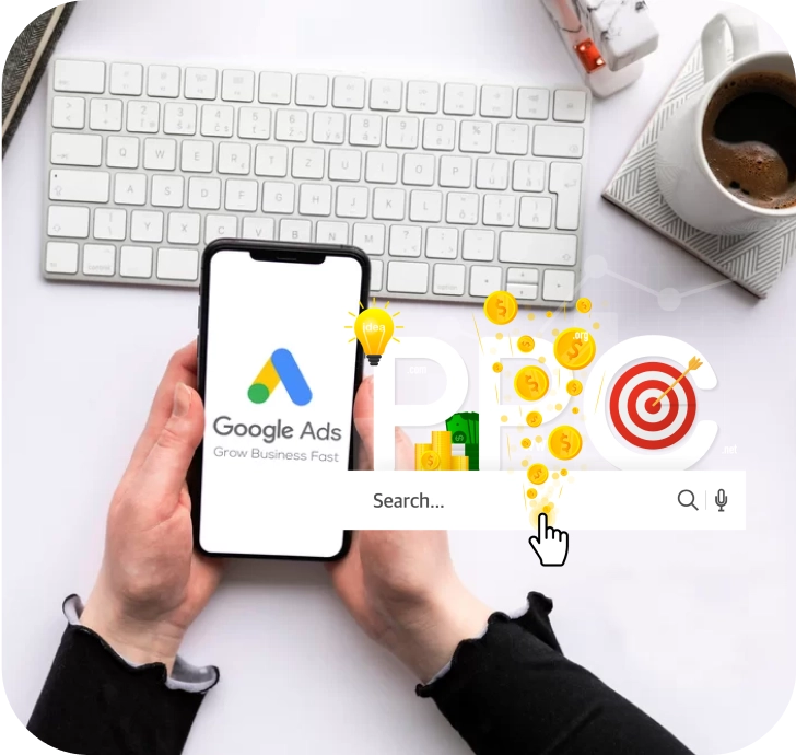 Mobile optimised image of Google Ads illustration with analytics in portable section, showing flexible ad management, mobile campaign oversight, and responsive advertising strategies by Craze For Marketing Sydney agency.