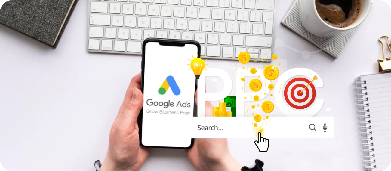 Professional at mobile with Google Ads dashboard in workspace section, symbolising campaign management expertise, advertising strategy, and PPC campaign optimisation by Craze For Marketing Sydney agency.