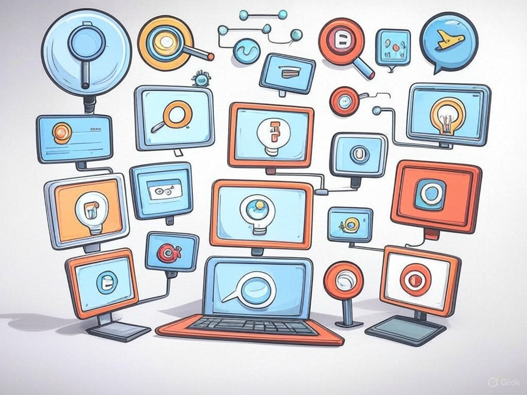 Stylised screens with digital marketing network connections in blog feature, depicting online marketing ecosystem, platform integration, and connected digital strategies by Craze For Marketing Sydney agency.