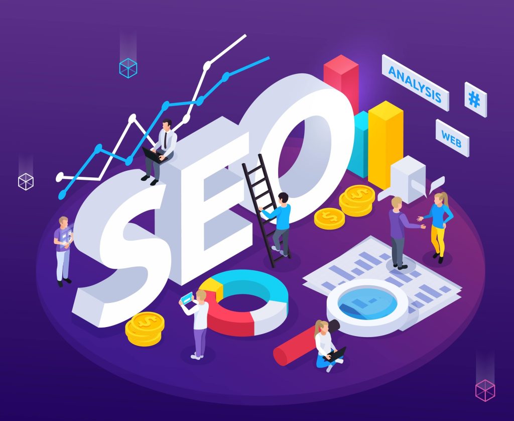 Colourful digital illustration of SEO strategy with charts, graphs, analysis tools, and people working on optimisation, symbolising local SEO Sydney.