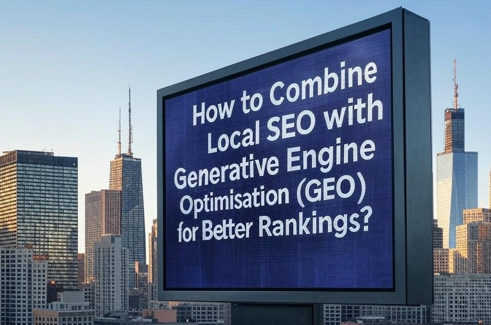 Digital billboard in city skyline with SEO and Local SEO GEO text in blog feature, displaying modern urban advertising, search engine optimisation messaging, and digital marketing visibility by Craze For Marketing Sydney agency.