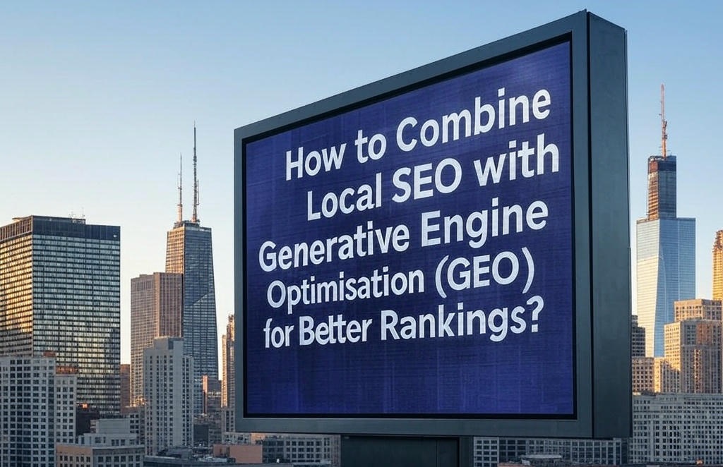 Digital billboard in city skyline with SEO and Local SEO GEO text in blog feature, displaying modern urban advertising, search engine optimisation messaging, and digital marketing visibility by Craze For Marketing Sydney agency.