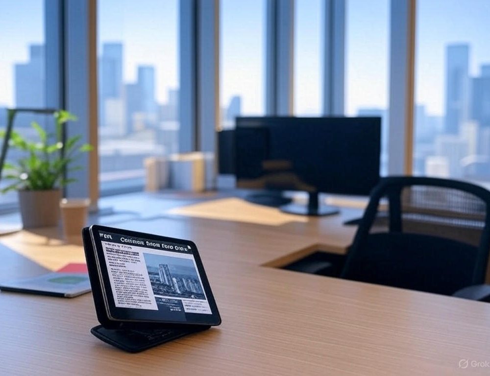 Modern corporate office cabin with wooden table and tablet in blog image, representing professional workspace for business meetings, digital marketing consultations, and strategic planning sessions by Craze For Marketing Sydney agency.