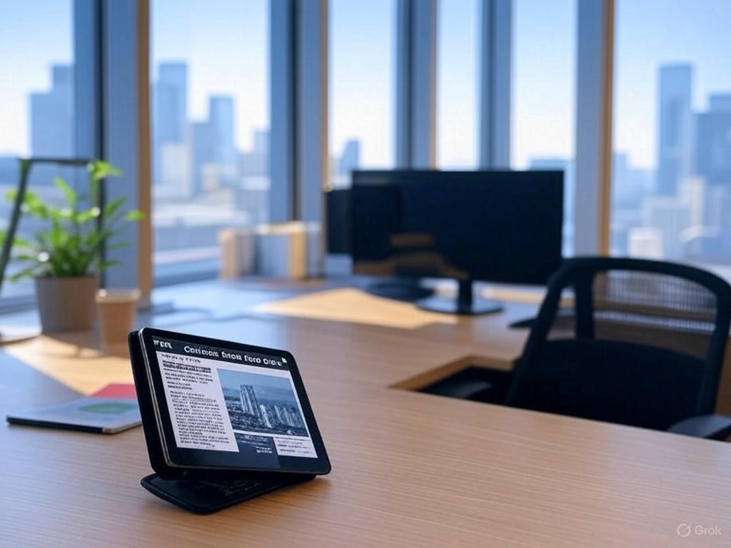 Modern corporate office cabin with wooden table and tablet in blog image, representing professional workspace for business meetings, digital marketing consultations, and strategic planning sessions by Craze For Marketing Sydney agency.