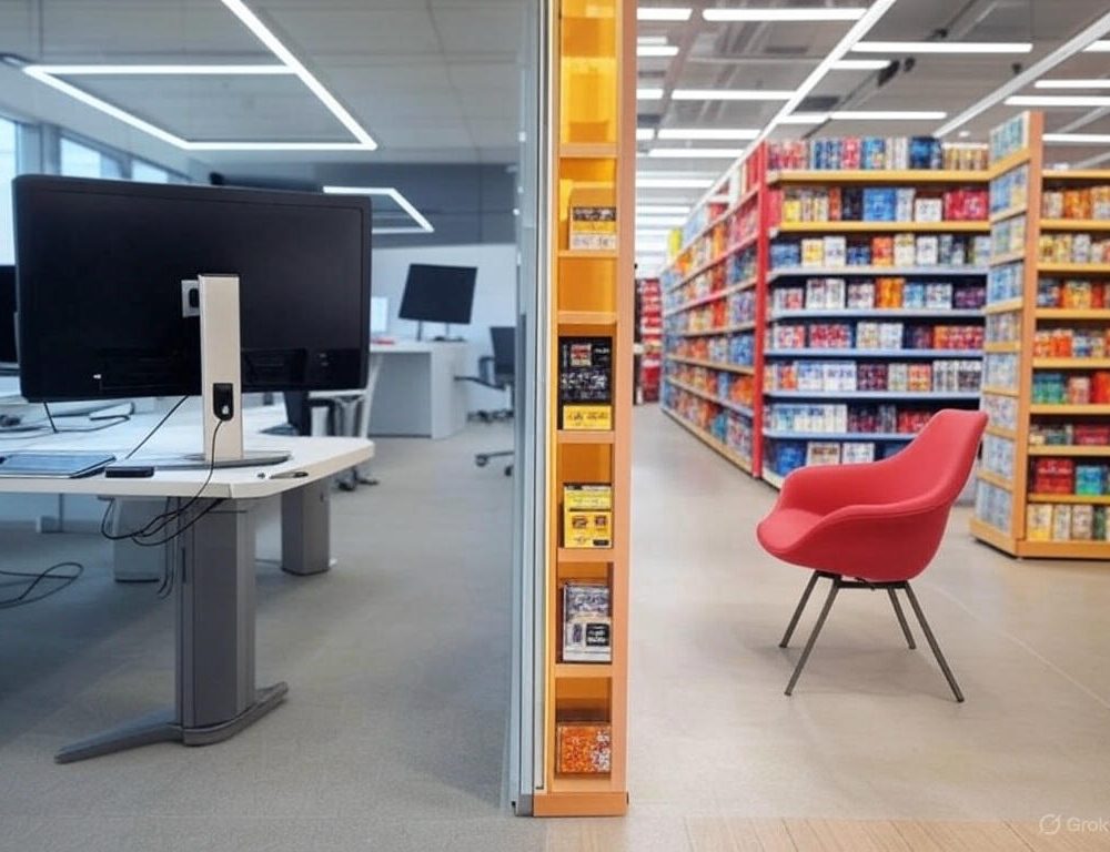 Modern office setting with retail aisle and marketing display in blog featured image, depicting contemporary digital marketing workspace, retail marketing strategies, and commercial business environment by Craze For Marketing Sydney agency.