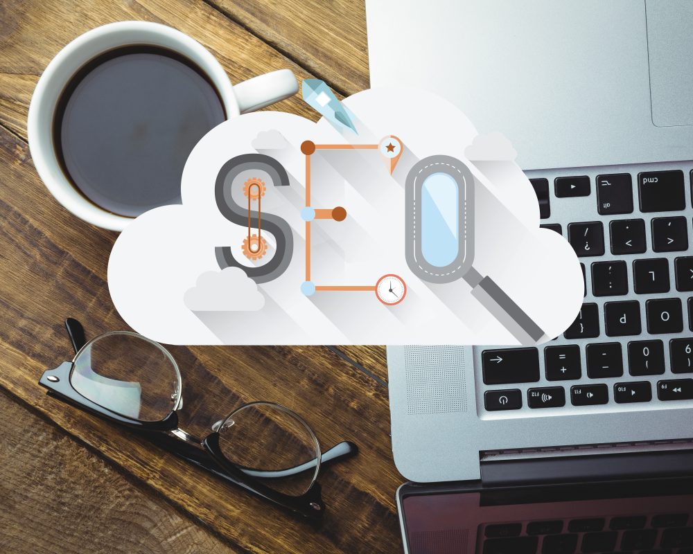Top view cloud image with SEO text in blog section, symbolising advanced Search Engine Optimisation strategies, cloud-based digital marketing solutions, and online visibility enhancement services by Craze For Marketing Sydney agency.